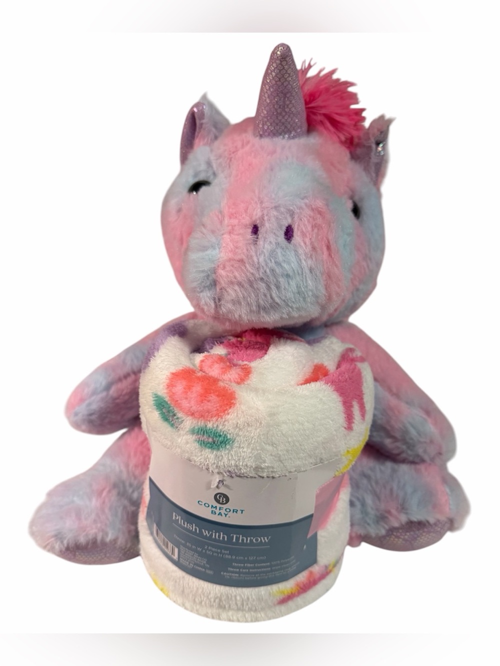 Comfort Bay 2pc Set Pink Unicorn Stuffed Toy Plush & Fleece Throw